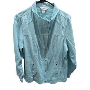 CJ Banks Size X 1x Aqua blue Twill Jacket cardigan zips snaps Long Sleeve EUC